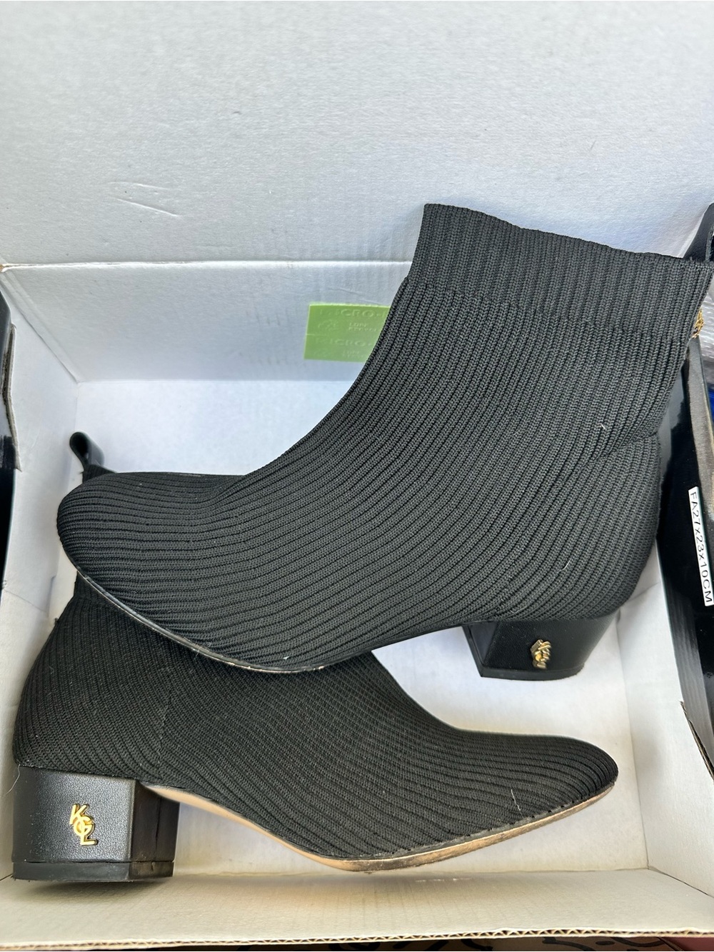 Kurt Geiger Black Ribbed Knit Ankle Booties with Logo Heel
